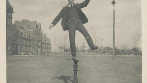 This is possibly the only known image of the 1872 sundial. The sundial was a gift of the class of 1872 to the original campus, and it moved with the college to Summit Street, where it was placed "before Seabury Hall and midway of the campus" until it became “'quaint and gray' and at long last expired of old age at an unknown date" (1957 February Bulletin Alumni Magazine).