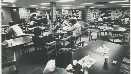 Students in the Cave, Mather Hall Campus Center (Trinity College, Hartford Conn.)